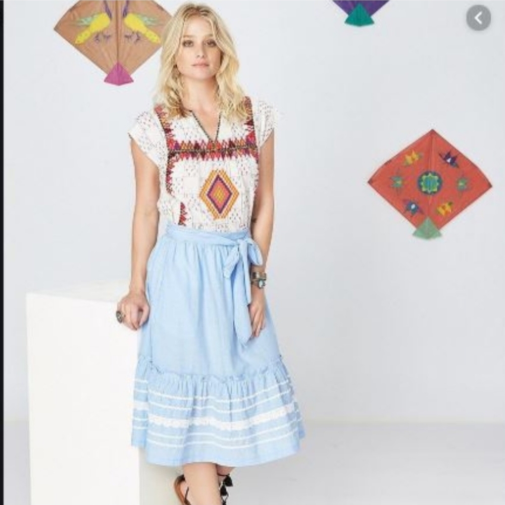 Anthropologie Blue A-Line Midi Skirt with Tie Front